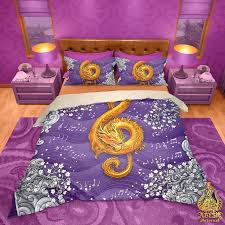 Purple Bed Cover Gold Dragon Duvet Or