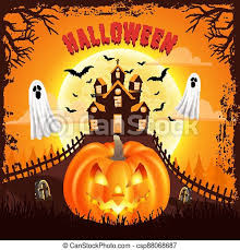 Happy halloween background with scary pumpkin with spooky castle, flying  ghost and full moon. vector illustration for happy | CanStock