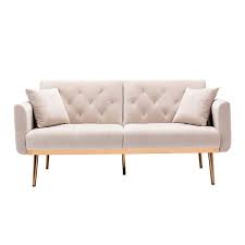 Lnie Modern Velvet Sofa Convertible Sleeper With 2 Pillow Strips Beige Inle