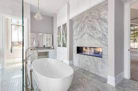 An Electric Fireplace In A Bathroom