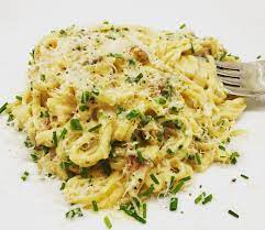 carbonara with creme fraiche and chives