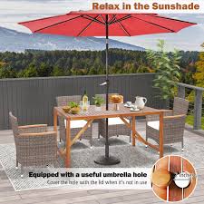 67 Inch Patio Rectangle Acacia Wood Dining Table With Umbrella Hole Costway