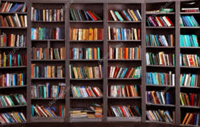 blurred background bookshelf in public