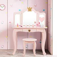 gymax kids makeup dressing table chair