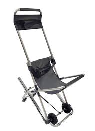 It uses a system of belts mounted on two elongated tracks that allows the chair to balance and glide on the edge of the stairs while creating friction to slow momentum. Compact Emergency Stair Assist Chair