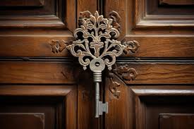 antique skeleton key in wooden cabinet lock
