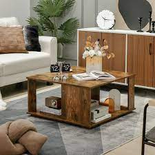 2 Tiers Square Coffee Table With Storage And Non Slip Foot Pads Rustic Brown Costway