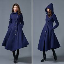 Hooded Wool Coat Women Blue Wool