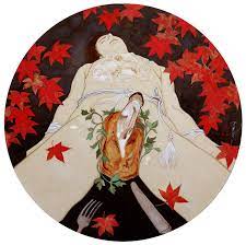 紅葉男体盛り図 松茸のクリームパスタと松茸のパイ包み添え｜ Man's body dish for Matsutake mushroom cream  pasta under the Autumn leaves – Ryoko Kimura Art Works