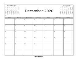 december 2020 calendar free printable