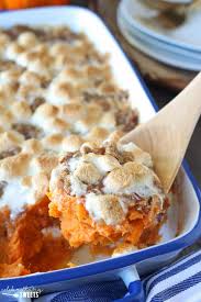 sweet potato cerole with marshmallows and pecan streusel mashed sweet potato cerole topped with toasted