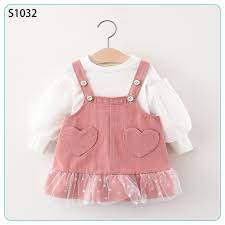 Set áo tay phồng váy yếm kaki hồng túi trái tim cho bé gái từ 9 12 tháng 1  tuổi 2 tuổi