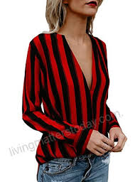 Ninimour Womens Stripes Deep V Long Sleeve Casual Blouse At