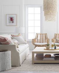 The cabot square coffee table ($1,698), with its clean lines, painted mahogany frame. White Slipcover Sofa Rattan Chairs Raffia Wrapped Coffee Table Serena Lily Seashell Chandelier Katie Considers