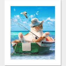 Cute Cat Fishing On Ocean Boat Cute