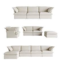 Overstuffed Down Filled Comfort Modular Linen Flannel Living Room Sofa Set With Accent Chair 2 Seater And Ottoman Beige