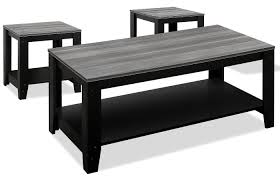 The casual style features a beautiful woodgrain look with complementary matte black, metal legs. Rory 3 Piece Coffee And Two End Tables Package Grey And Black The Brick