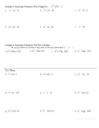 Factoring Quadratic Trinomials Notes