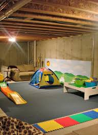 an unfinished basement playroom