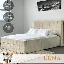 Luna Queen Bed Frame Beige Plush Velvet