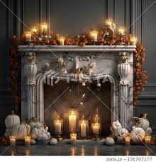 A Fireplace With Candles Pumpkins And