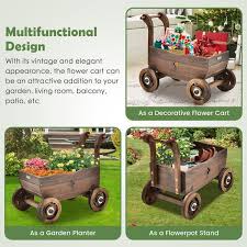 Rustic Brown Decorative Wooden Wagon Cart With Handle Wheels And Drainage Hole