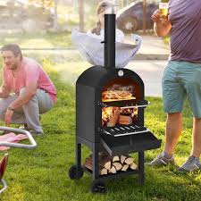costway outdoor pizza oven wood fire pizza maker grill w pizza stone waterproof cover black