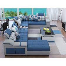 10 seater polyester l shape blue sofa set