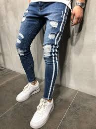 Men Skinny Flash Band Short Leg Zip Jeans Blue 3942 In