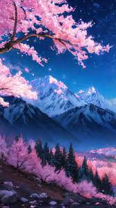 cherry blossom forest snowy mountain