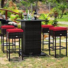 Clihome 5 Piece Wicker Outdoor Serving Bar Set Patio Rattan Bar Table Stool Set With Red Cushions And Storage Shelf