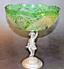 Vintage Green Cut Glass Bowl Compote
