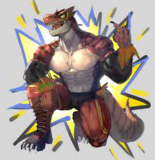 neumo, original, highres, unfinished, 1boy, abs, bara, black shorts,  detached sleeves, dinosaur boy, dinosaur tail, full body, furry, furry  male, large pectorals, long sleeves, looking at viewer, male focus, mature  male, middle