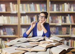 Woman in Library, Student Study Opened Books, Girl Studying and Thinking,  School Education Stock Photo | Adobe Stock