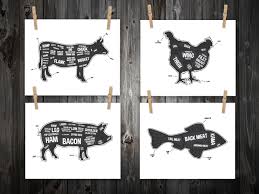 4 Butcher Diagram Prints Cow Pig Fish Chicken Kitchen Print Butcher Chart Kitchen Art Butcher Diagram Butcher Prints Cuts Of Meat