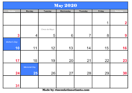 May 2020 Calendar With Holiday Calendar Template Printable