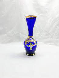 Vintage Czech Bohemian Vase Enamel Blue