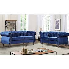 Blue Velvet Nailhead Living Room