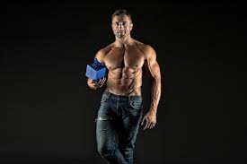 macho muscular torso hold gift box