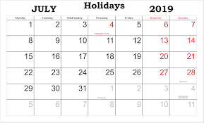 July 2019 Calendar With Holidays Us Uk Canada India