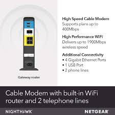 Netgear Nighthawk Cable Modem Wifi Router Combo With Voice C7100v Supports Cable Plans Up To 400 Mbps 2 Phone Lines Ac1900 Wifi Speed Docsis 3 0