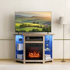 Fireplace Corner Tv Stand With Led Lights And Smart App Control For 50 Inches Tv Rustic Brown Costway