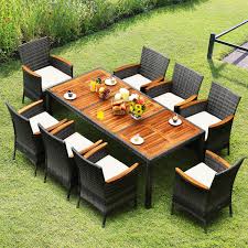 9 Pieces Rattan Patio Dining Set With Acacia Wood Table And Cushioned Chair