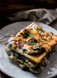 white lasagna with mushrooms spinach