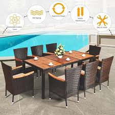 9 Pcs Patio Rattan Dining Set 8 Chairs Cushioned Acacia Table Top