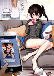 dojirou, original, pot, absurdres, commentary, highres, translated, 1boy,  2girls, :d, arm up, bare legs, barefoot, bed sheet, black jacket, blue  eyes, blush, bra, breasts, brown hair, cellphone, cleavage, closed mouth,  collarbone, couch,