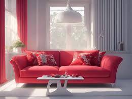 a red couch with a white table and red