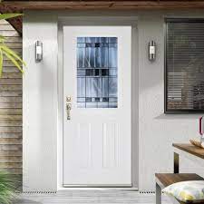 Mp Doors 32 In X 80 In Right Hand Inswing 1 2 Lite Savana Decorative Glass White Finished Fiberglass Prehung Front Door