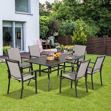 Meooem 7 Piece Outdoor Dining Set 6 Patio Chairs And Metal Rectangle Dining Table With 1 57 Inches Umbrella Hol
