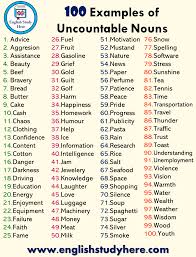 100 exles of uncountable nouns